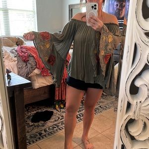 Embroidered off the shoulder flare sleeve too